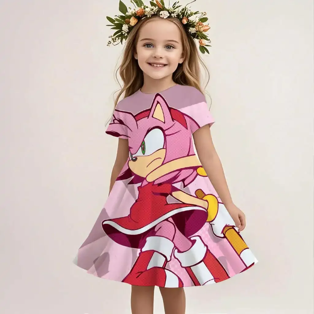 

2025 Cute Fashion Princess Cartoon Comfortable Birthday Gift New Summer Girl Hot Dress Sonic Cute 3D Print Children's Clothing