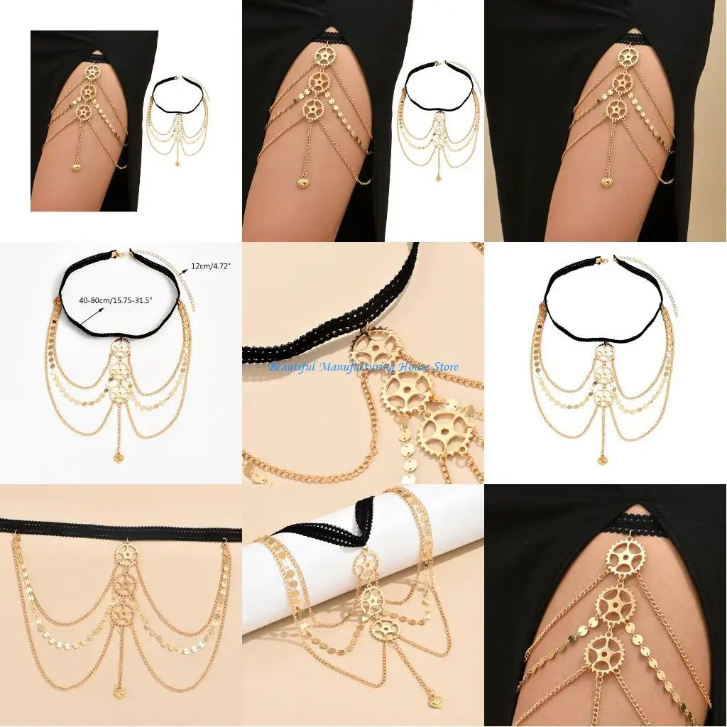 E56A セクシーな中空アウトギア太ももチェーン脚ボディチェーンハーネスパンク脚ガーターベルトファッションシーサイドクラブパーティーボディ用品