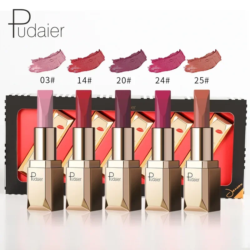 Pudaier 5-farbiger, mattierter, feuchtigkeitsspendender Lippenstift, Lipgloss-Sets, Make-up, nicht klebende Tasse, samtiger, nackter, flüssiger Lippentönungs-Lippenstift