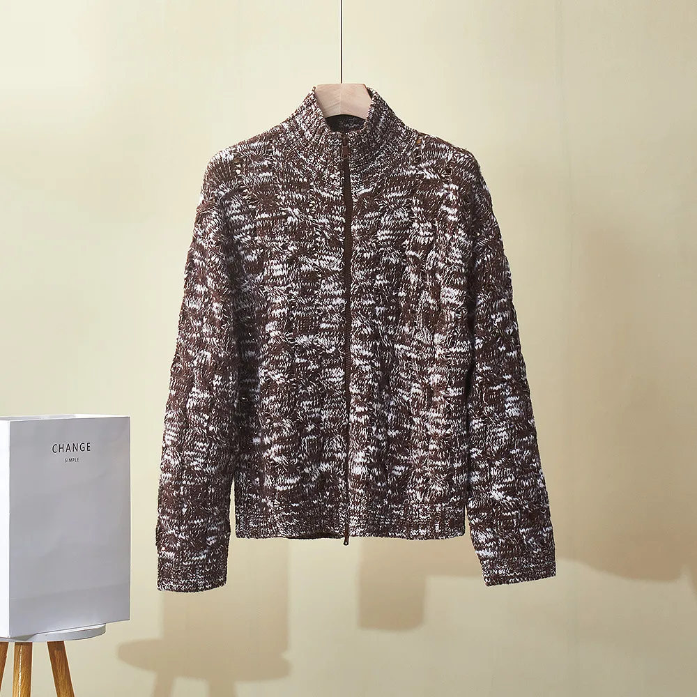 

Winter Women's B*C New Cashmere Cardigan Collar Loose Twisted Sequins Hollow Floral Knitted Jacket