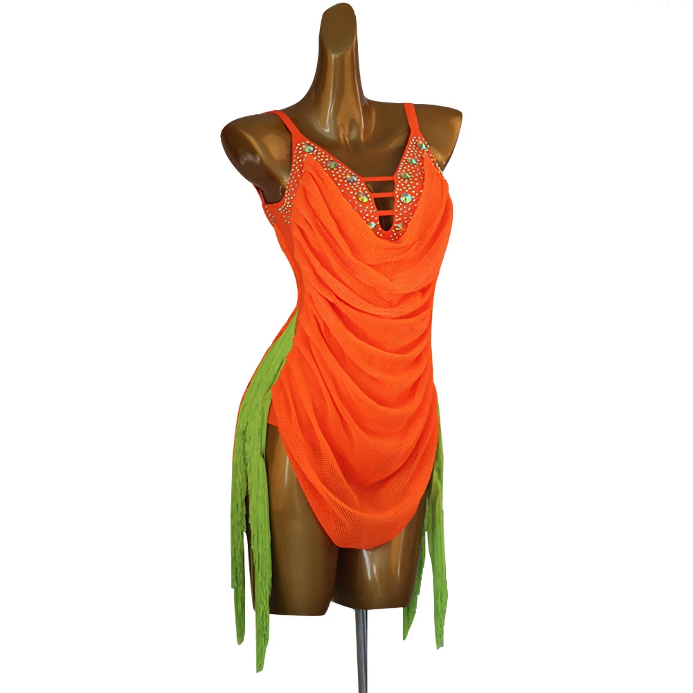 Samba Orange Latin Dancing Dress Elegant Party Dress 2024 High-class shuizuan  Sling Competition Dress Cha Dancing Dress