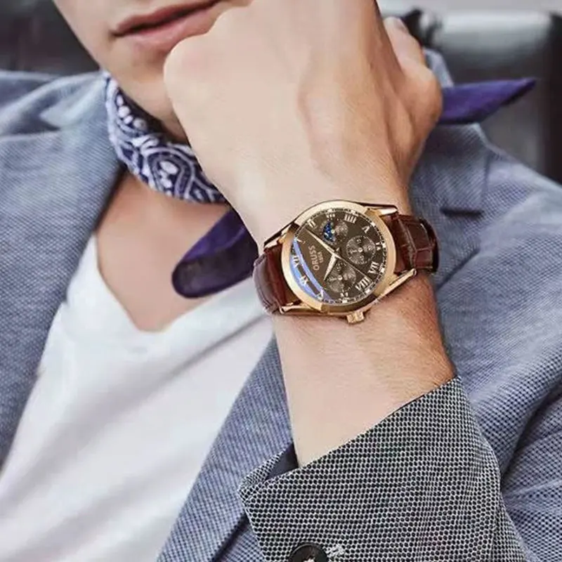 ORUSS OR13 高品質メンズ高級ベルトファッションクォーツ時計メンズラウンドビジネス学生スポーツ防水グロー時計