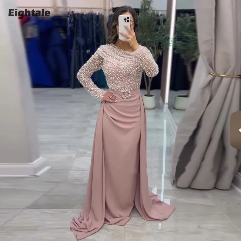 

Вечернее платье Eightale в арабском стиле, платье для выпускного вечера, на заказ, с одним открытым плечом, длинными рукавами, жемчугом, розовое, для свадебной вечеринки, фасон «русалка»