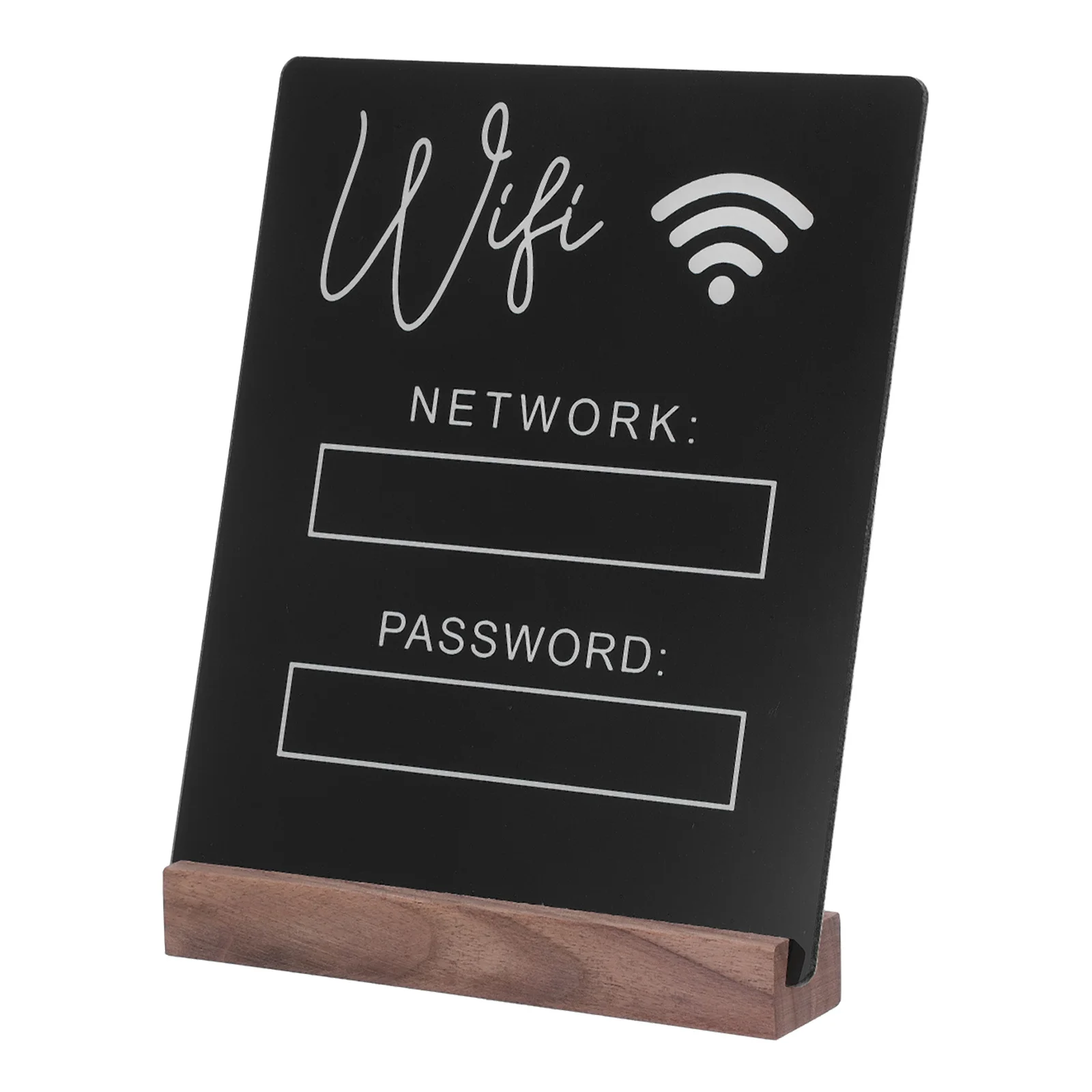 

Acrylic Wireless Network Sign WiFi Password Board with Black Wood Base Desktop Table Hotel Password Reminder