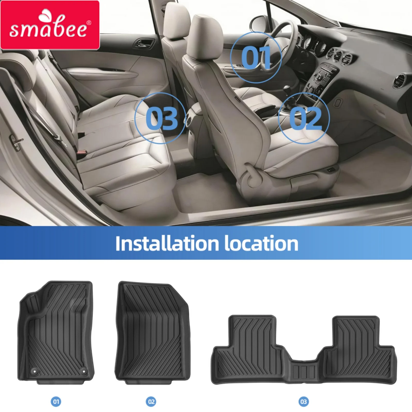 Smabee Left Drive for Peugeot 308 Hatchback 2022-2026 LHD TPE 3D Car Floor Mats Cargo Trunk Pad Waterproof Accessories Black