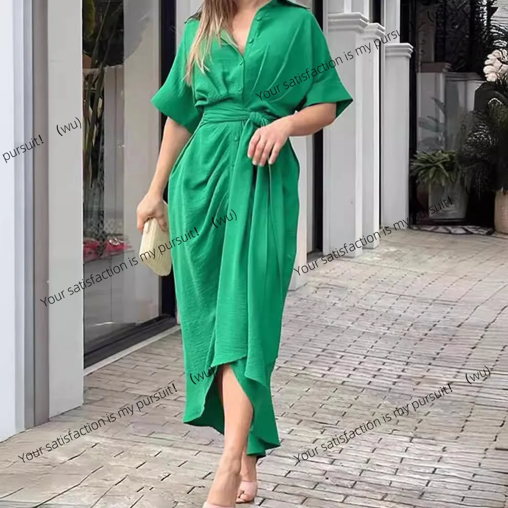 

Women's summer lace-up waist short-sleeved single-breasted solid color shirt European and American dress women