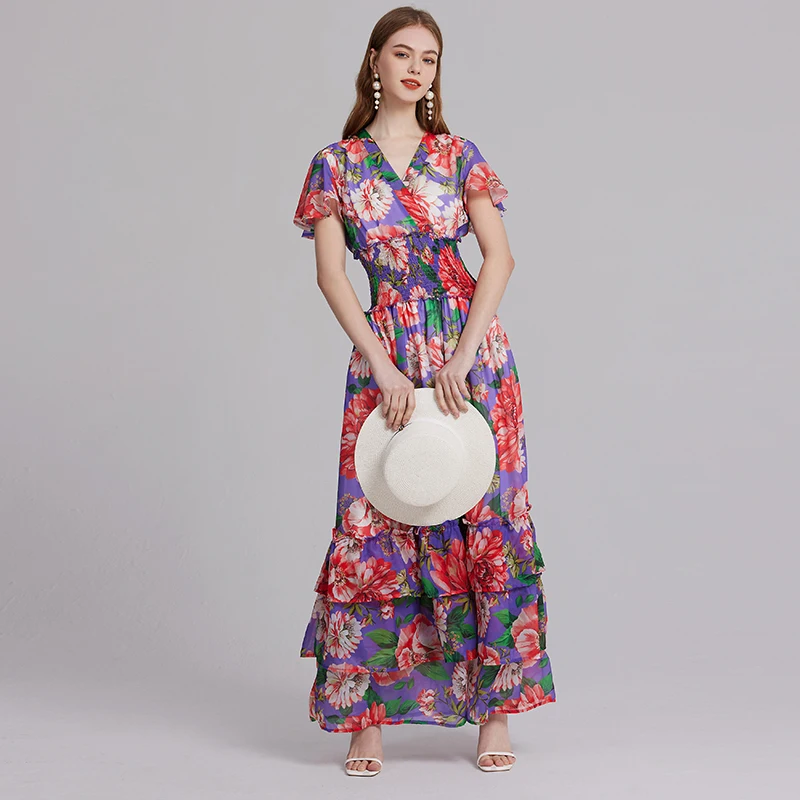 Robe maxi en mousseline de soie à fleurs pour femmes, sexy, col en V, imprimé, volants, taille haute élastique, bohème, longue, robe éducative, piste d'été, magnifique, vacances