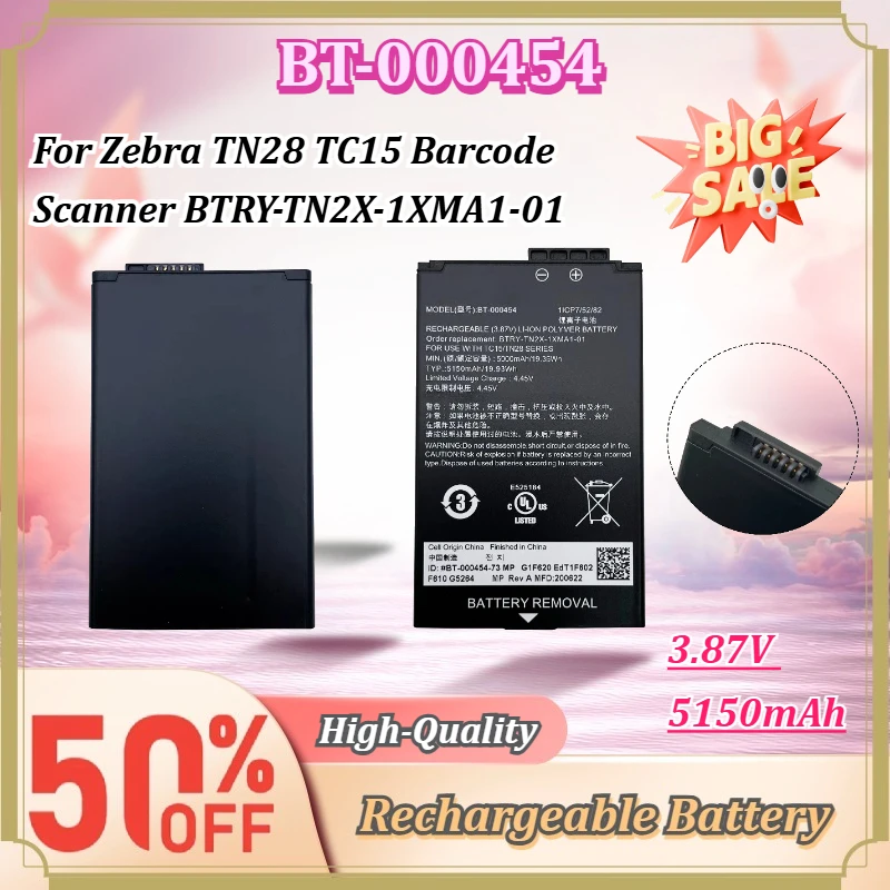For Zebra TN28 TC15 Barcode Scanner BTRY-TN2X-1XMA1-01 3.87V 5150mAh BT-000454 Rechargeable Battery