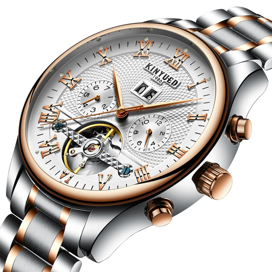 

Мужские часы KINYUED, многофункциональные полностью автоматические механические часы со скелетонизированным маховиком, модные механические.