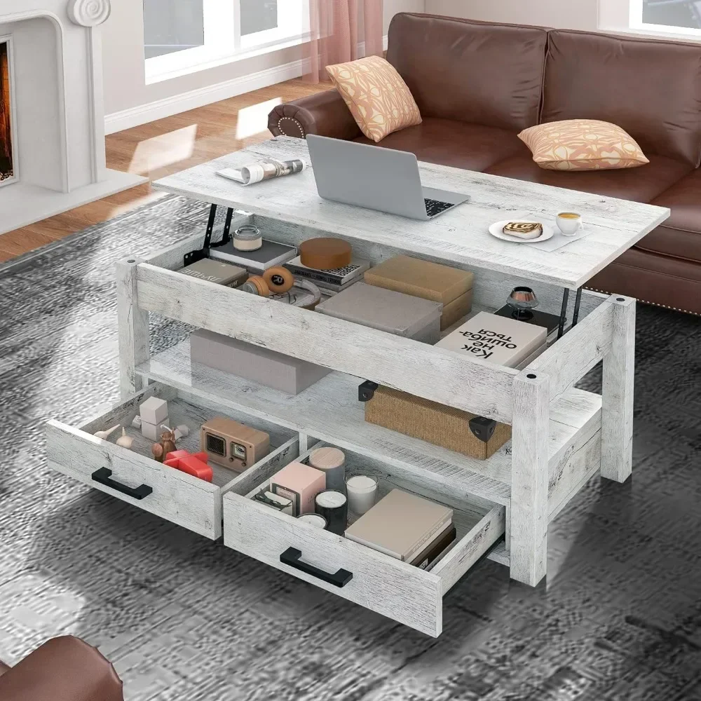 Mesa de centro elevatória de 47,2 ", mesa de centro com gavetas de armazenamento, compartimento oculto, mesa central elevatória para sala de estar