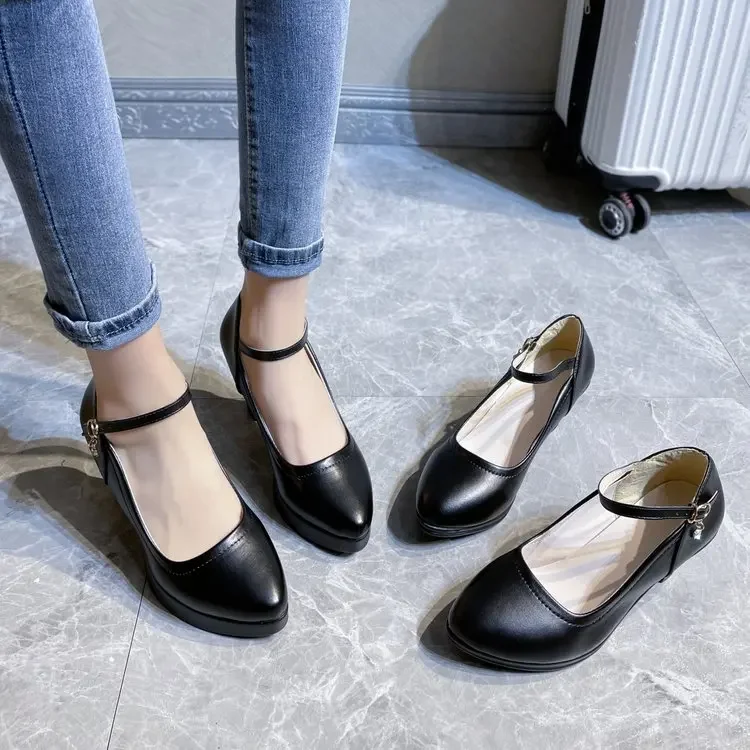 2023 New Women Dress Shoes Medium Heels Mary Janes Shoes Patent Leather Pumps Ankle Strap Ladies Shoe Office Zapatos Mujer