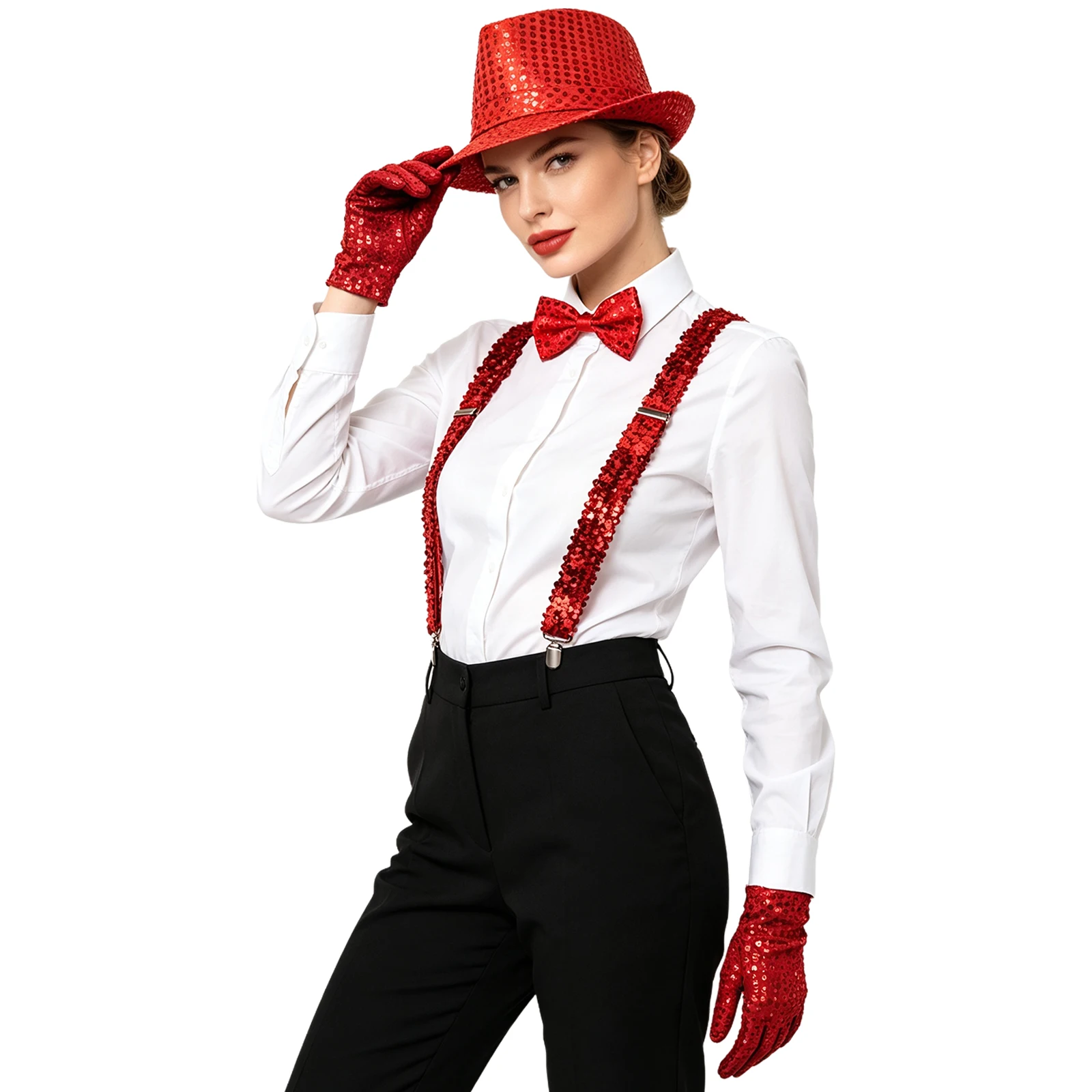 Retro Disco Sequin Short-brimmed Hat Y-back Elastic Suspender Necktie Adjustable Bow Tie Gloves Accessaries Set for Halloween