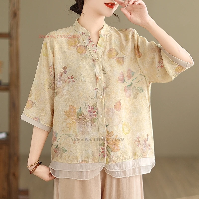 

2024 national flower print ethnic blouse women chinese vintage cotton linen blouse traditional folk loose blouse streetwear