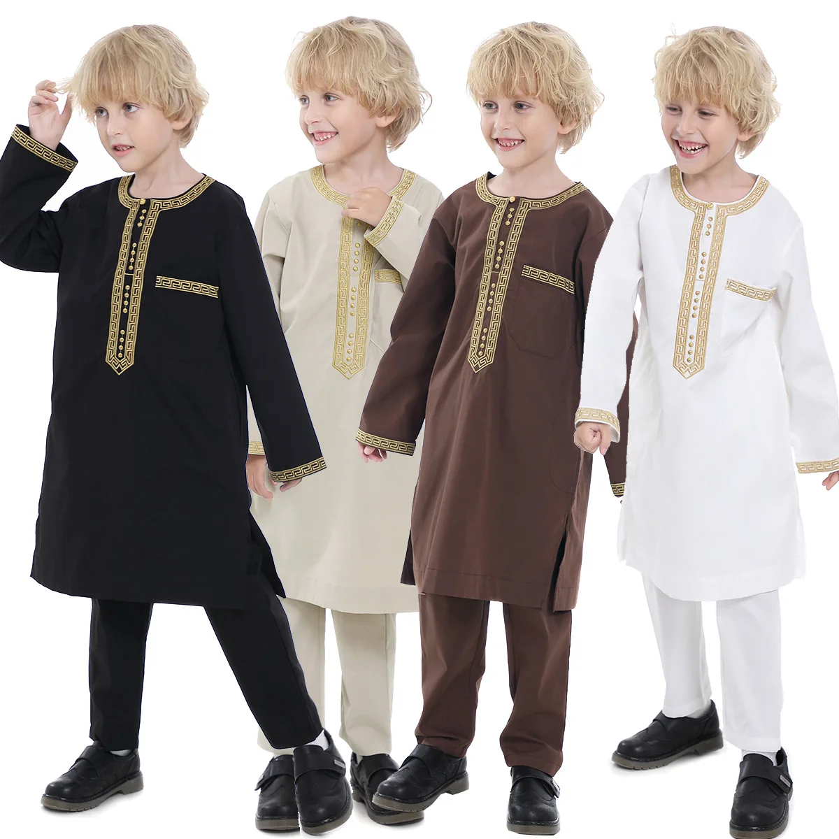 

Muslim Muslim Arab Boy Thobe Children Abaya Ramadan Jubba Thobe Dress Pant Set 2 Piece Caftan Robe Kaftan Musulman Ensembles