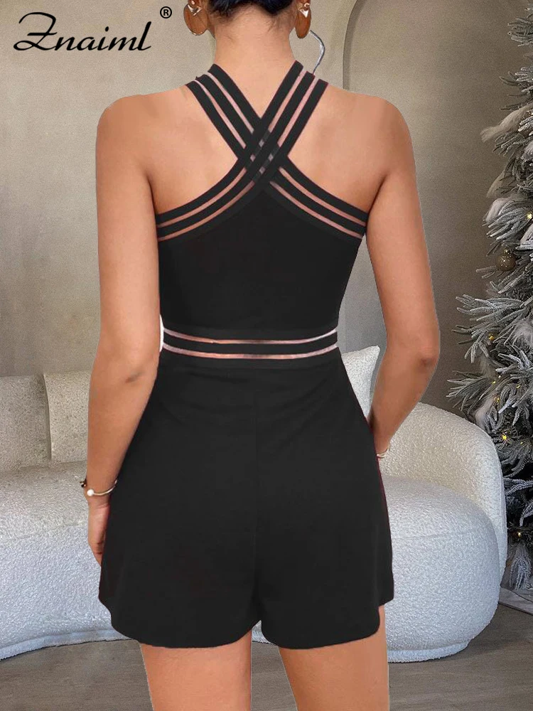 Znaiml Sexy Rhinestone Mesh See Through Short Jumpsuit Woman Black One Pieces Evening Christmas Party Playsuits Birthday Rompers