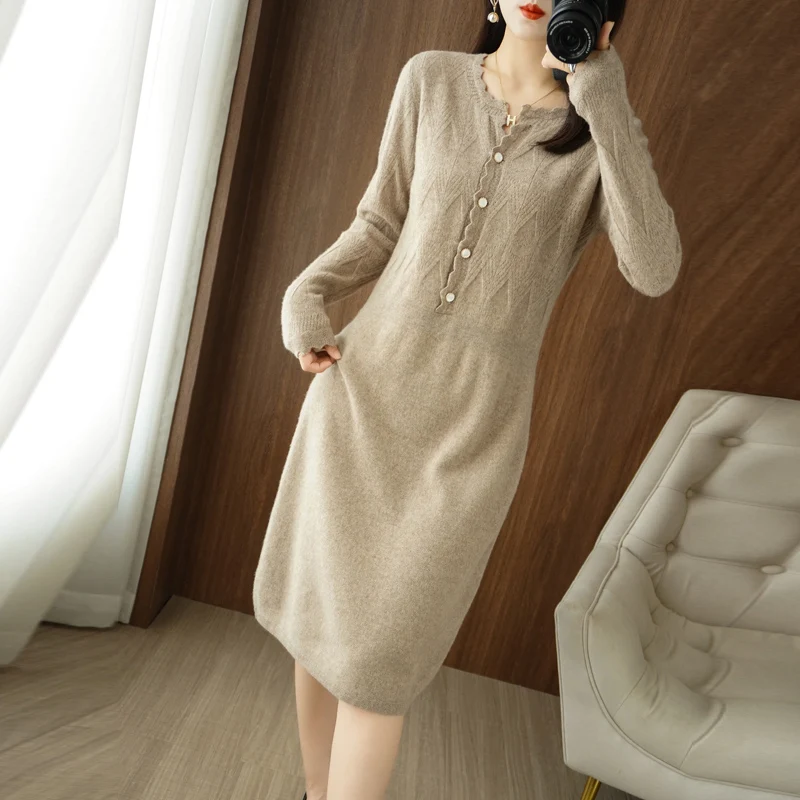 4 Colors New 2024 Simple and Elegant 100% Pure Wool Knit Dress Long Sleeve O Neck Ladies Cashmere Dress Pullover Long Sweater