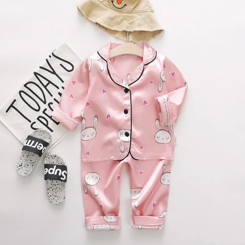 Autumn Toddler Pajama Sets Cartoon Rabbit Pink Silk Imitation Pajamas Long Sleeve Top Pants Pijama Baby Girl Sleepwear