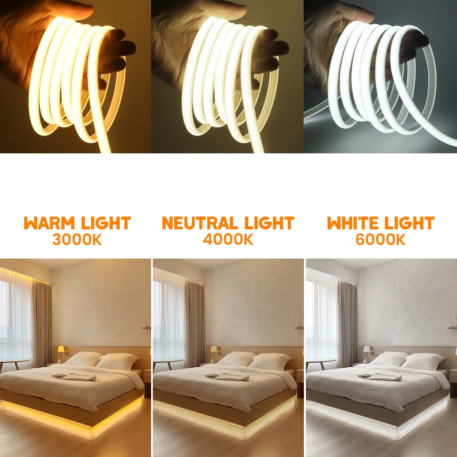 COB LED 스트립 220V 방수 고휘도 288LED/m LED 스트립 (스위치/디머 및 플러그 포함) 가정 정원 장식용 플렉시블 테이프