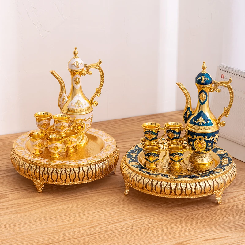 Metal Turkish Coffee Pot Set, European Style Tea Set, 6 Luxury Cups, Tea Tray And Teapot, For Serving Tea, , Coffee