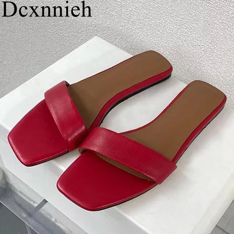 

New Summer Genuine Leather Open Toe Solid Colors Slipper Women's Square Toe One Strap Slides Vacation Comfortable Flat Sandals