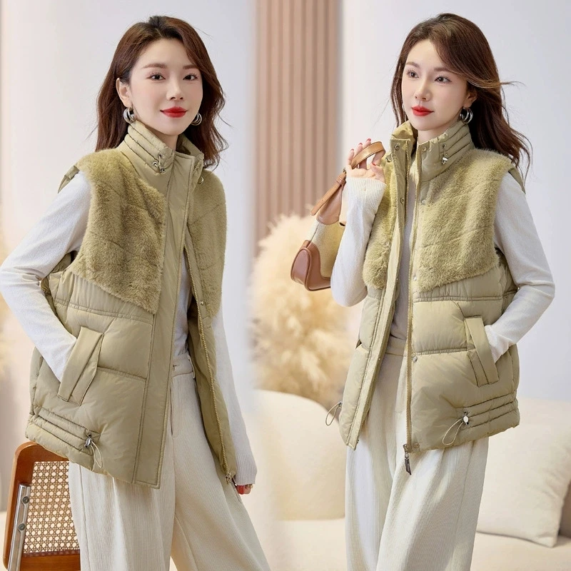 

Autumn Winter Women Down Cotton Vest New Fashion Splicing Plush Sleeveless Short Jacket Coat Female Waistcoat Outerwear Tops