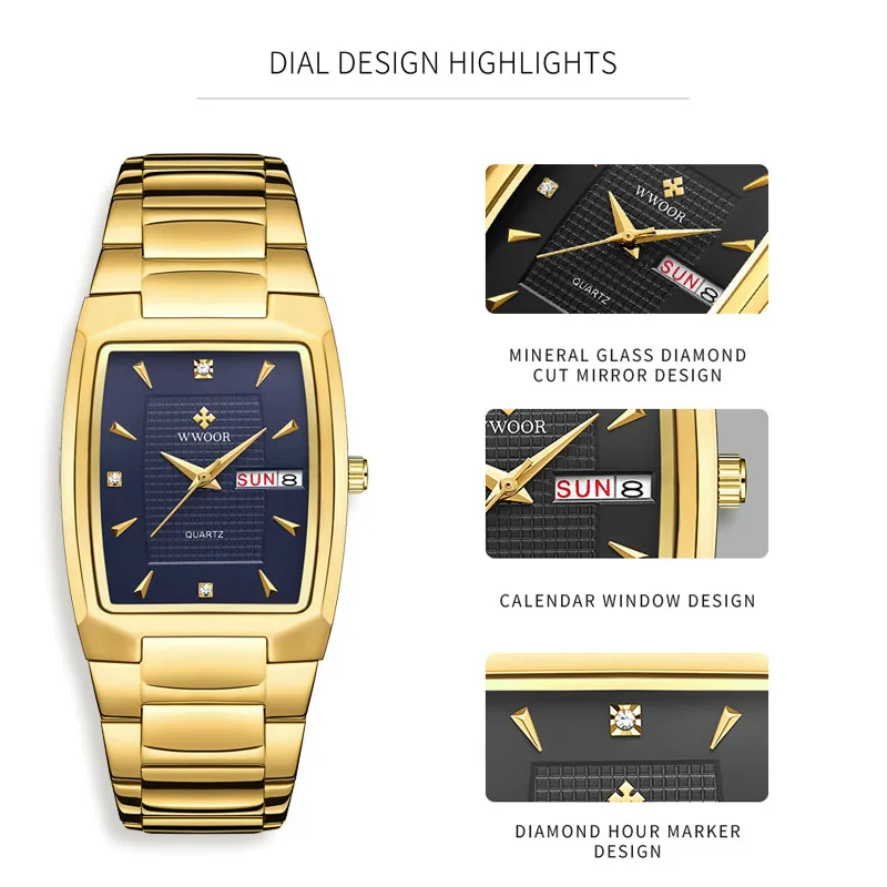 2024 WWOOR Luxury Business Men Watches Gold Quartz Stainless Steel Sport Square Clock Waterproof Week and Date Relogio Masculino