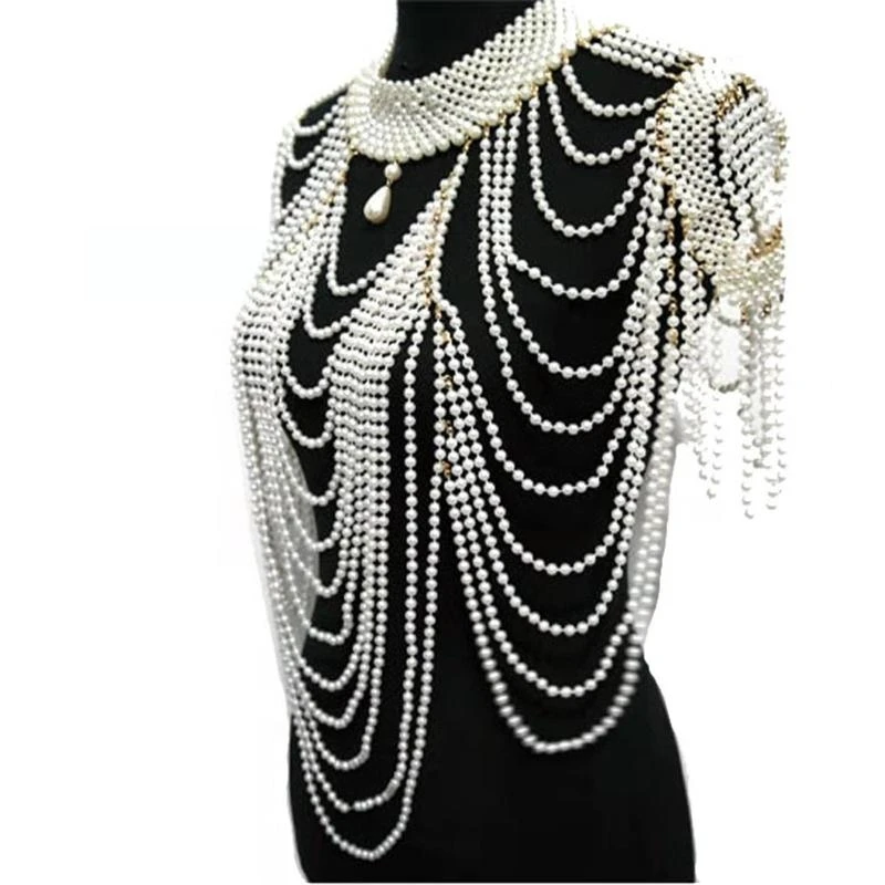 49MD Women Imitation Pearl Body Statement Necklace Teardrop Pendant Beaded Collar Bib Layered Tassel Jewelry Shoulder Chain