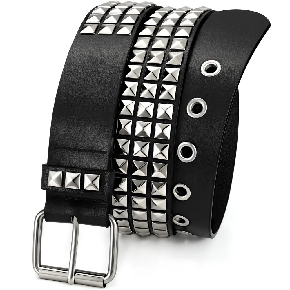 Women’s Punk Studded Belt, Adjustable Black/White Faux Leather Pyramid Belt with Pin Buckle for Jeans & Streetwear