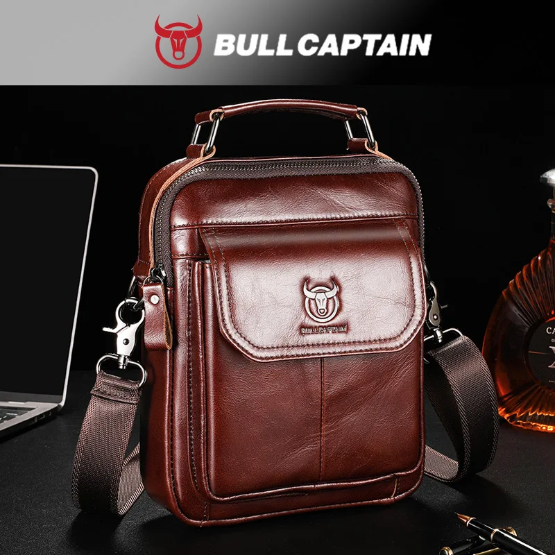 Advanced Real leather boys square handbag crossbody Flip zipper retro multi-function large capacity travel shoulder bag