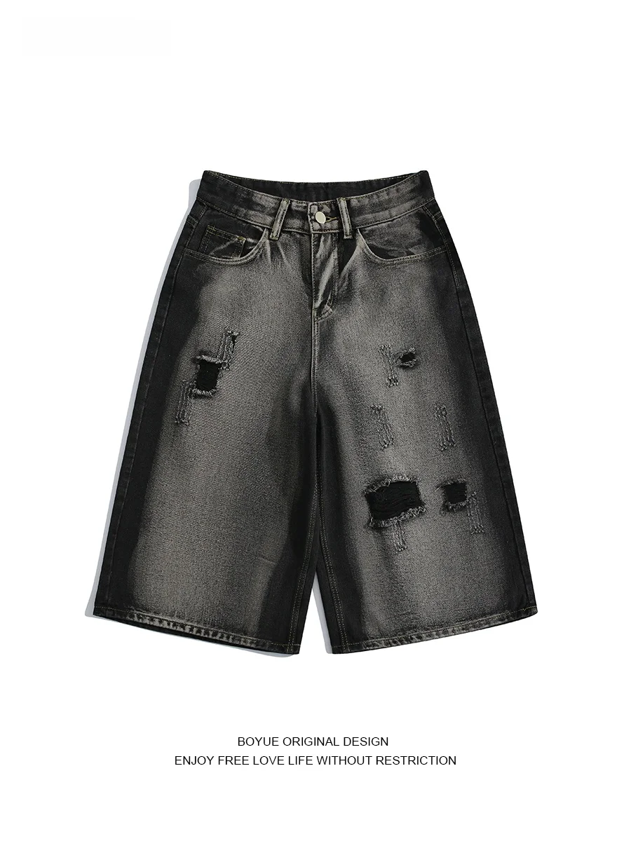

Boyue Heavy Industry Denim orts Men's Faion Trendy Worn-Out Seven-Foot Pants Casual Straight Leg Loose Fit Summer orts