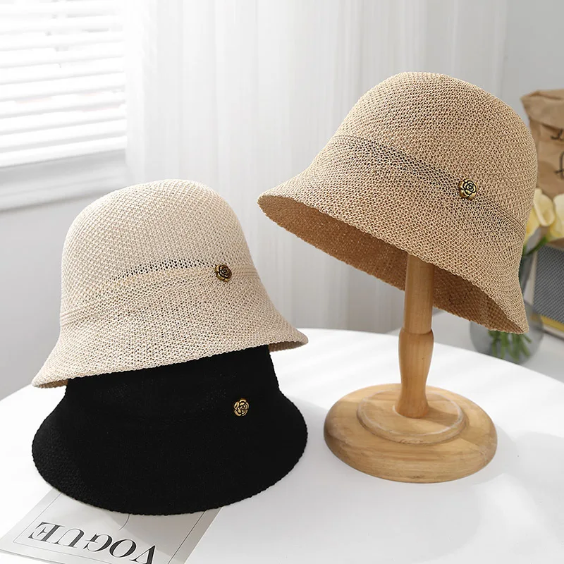 Eimer Hut Frauen Sommer Beiläufige Gestrickte Einfarbig Atmungsaktive Fischer Kappe Trendy Vintage Bob Femme Neue Sonnenhut Weibliche