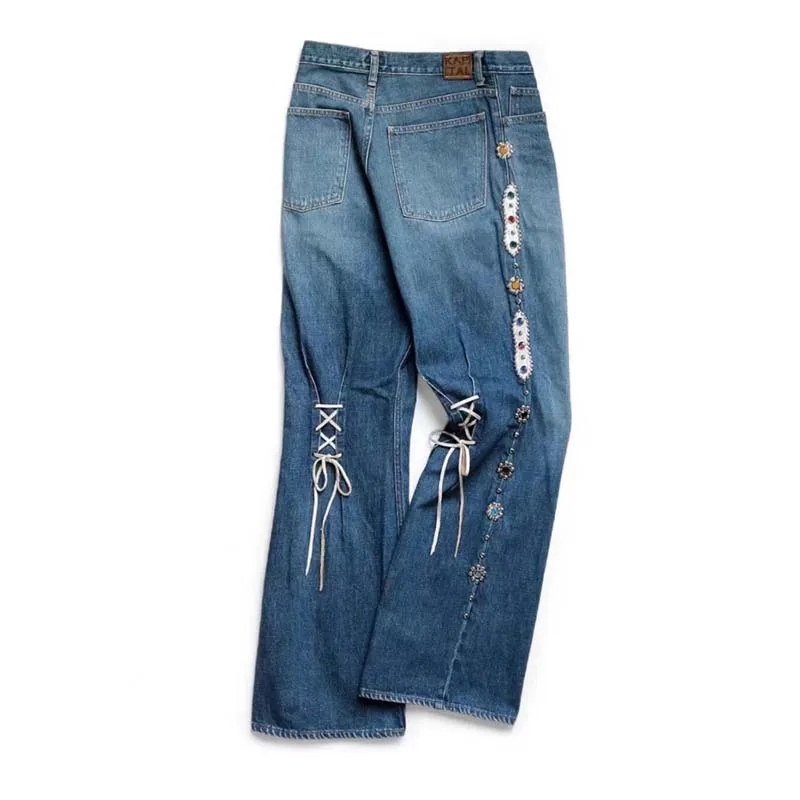 New 25ss Kapital Hirata Style Wash Heavy Industry Rivet Cowboy Gemstone Pants Men Fashion Wide Leg Jeans Hot Seller