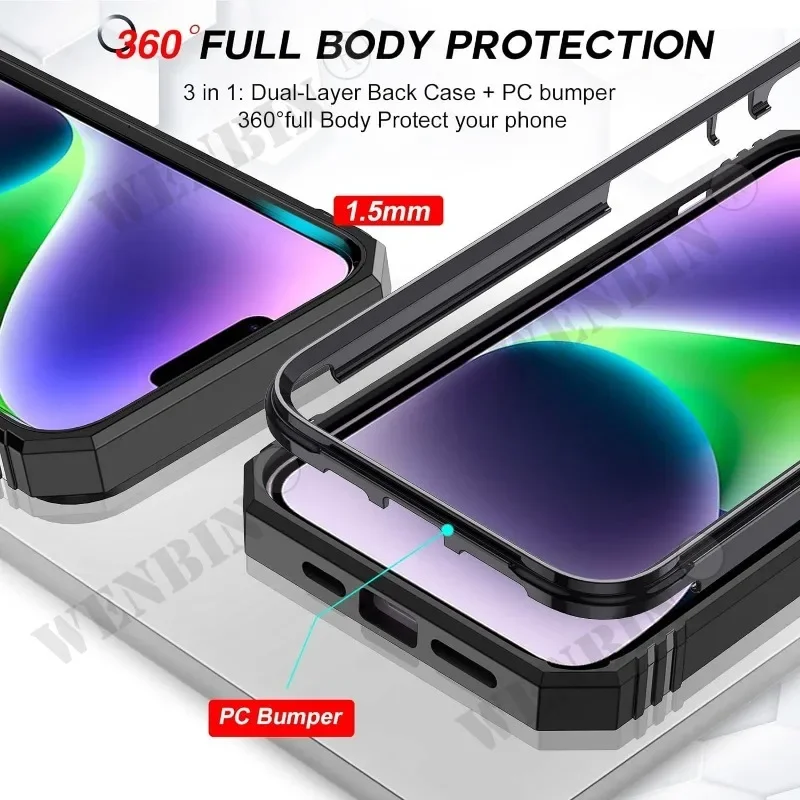 Etui na iPhone'a 16 15 14 13 12 11 Pro Max Plus Mini XS Max XR X 8 Plus 8 7 SE Heavy Duty z kamerą 360 stopni Kickstand Cover