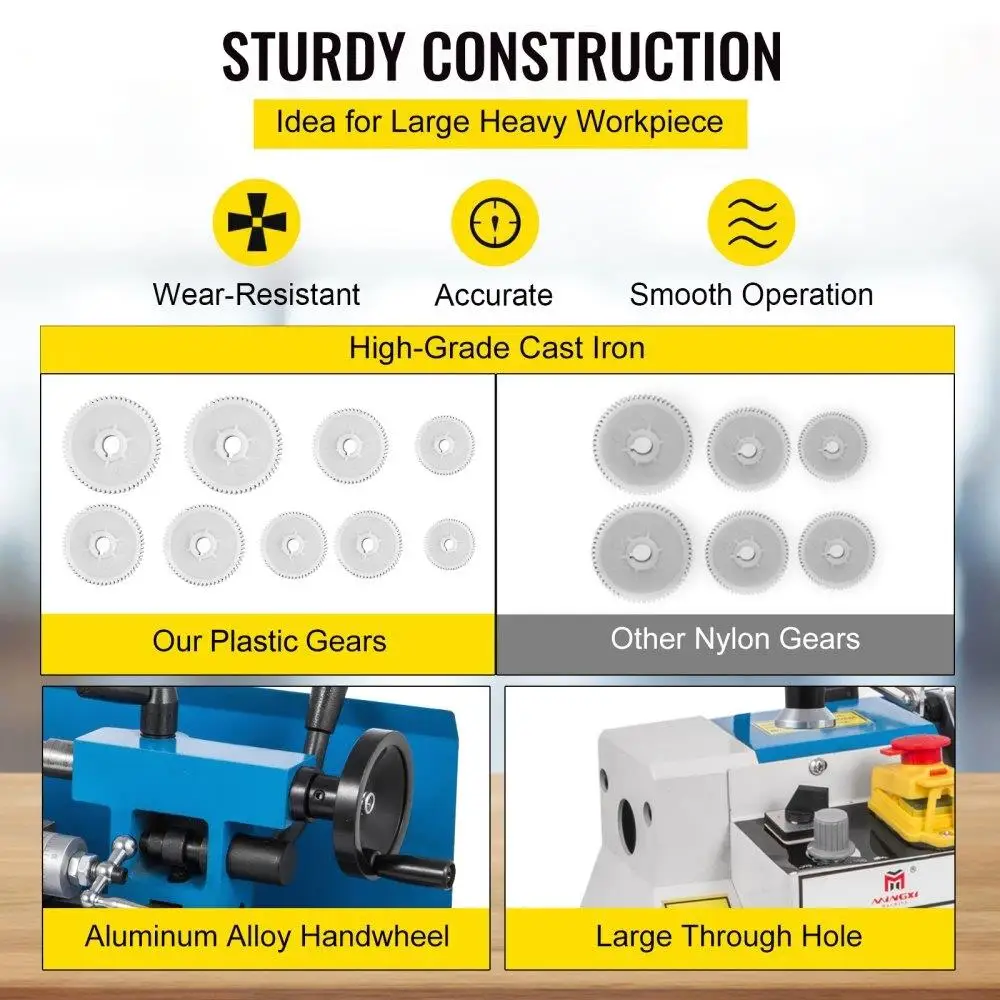 مخرطة معدنية صغيرة دقيقة مقعد علوي 7 × 14 بوصة 550 وات سرعة متغيرة 50-2500 دورة في الدقيقة ترس نايلون مع مصباح متحرك