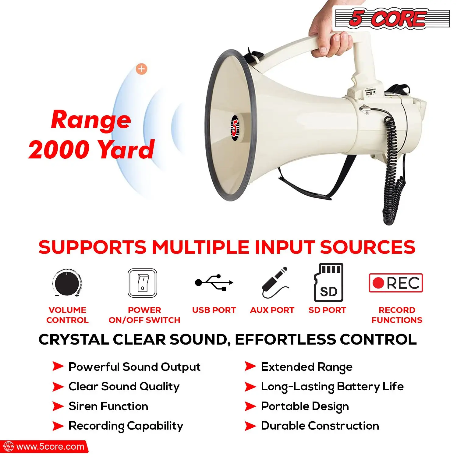 Megaphone Bullhorn Speaker 100W Professional Bull Horn Battery Power Cheer Megafono 2000 Yards Range Loudspeaker w Siren