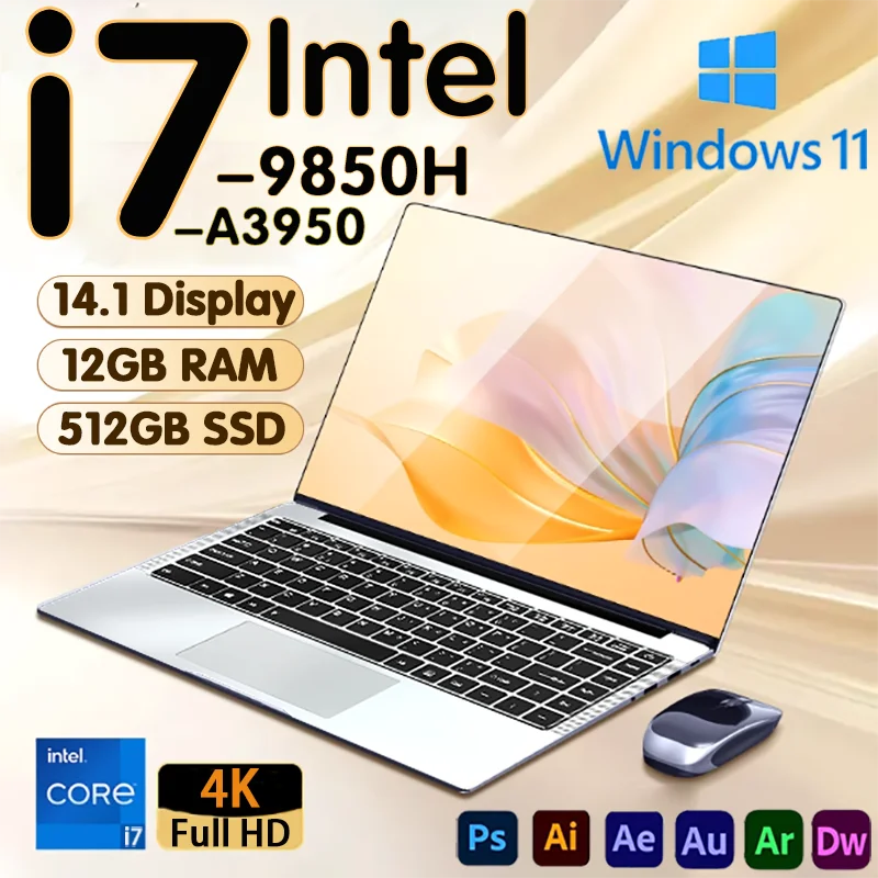 

NEW Arrival Intel i7-9850H Slim Office Laptop 14.1 Inch Windows 11 Pro 12GB RAM 512GB 1TB SSD 1920*1080 Office Study Computer PC