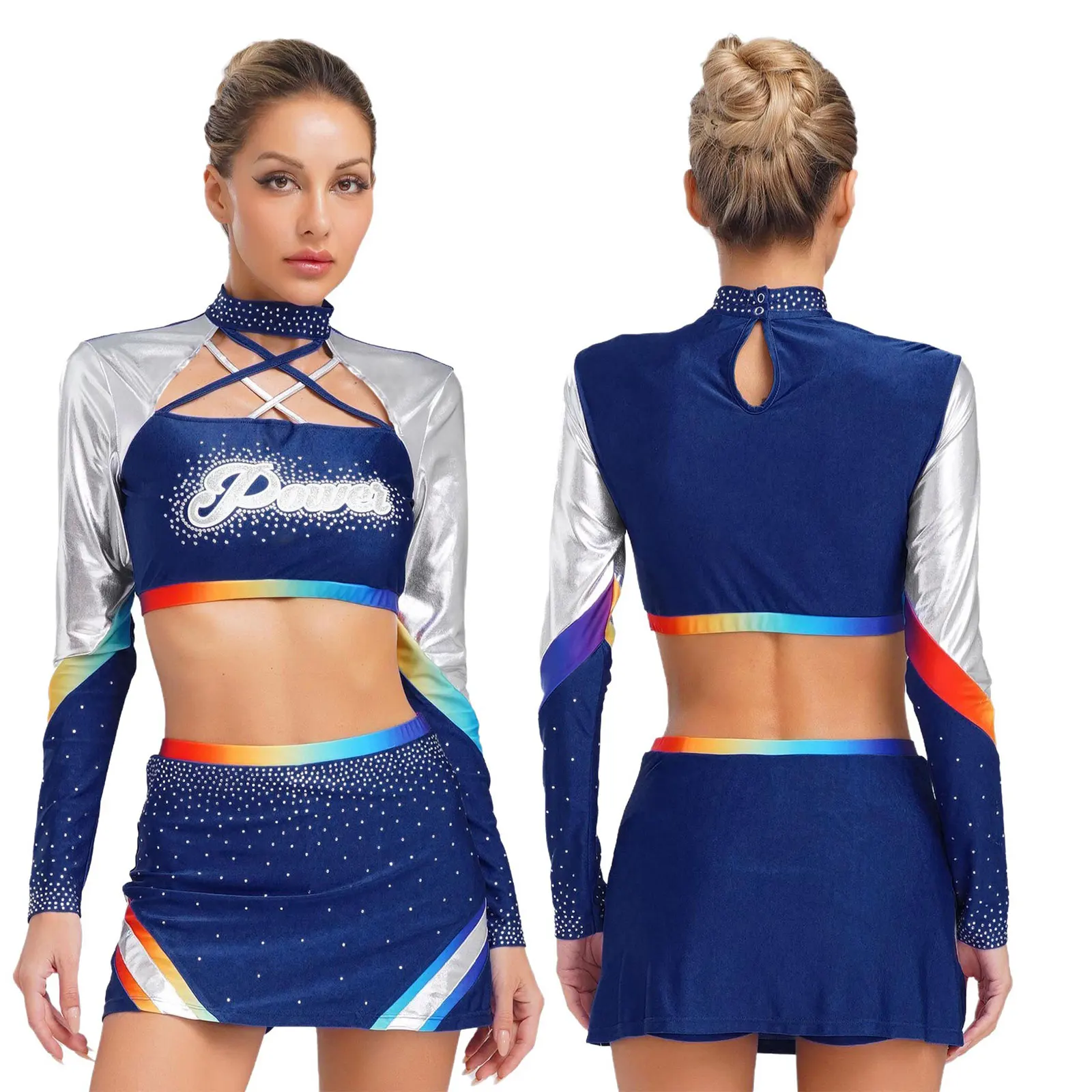 

Women Lyrical Cheerleading Dance Sets Metallic Mini Tops with Mini Pencil Skirt Set for Basketball Competition Applaud Costumes