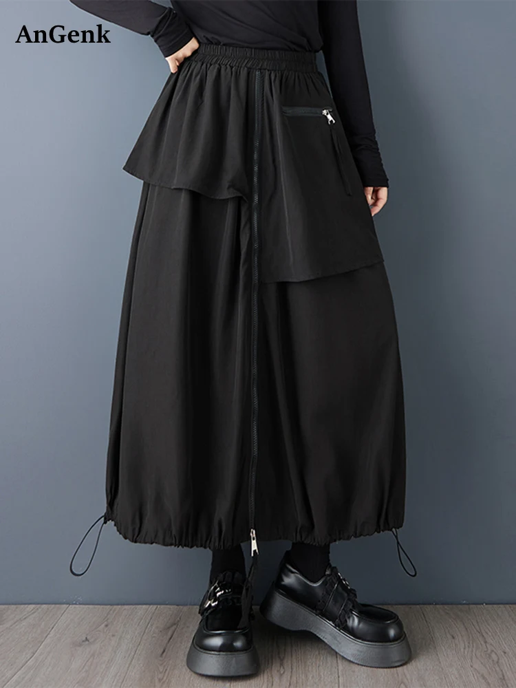 Black Vintage High Waist Skirt Women New Plus Size Fashion Drawstring Loose Casual Midi Skirts Clothing Spring Autumn 2026