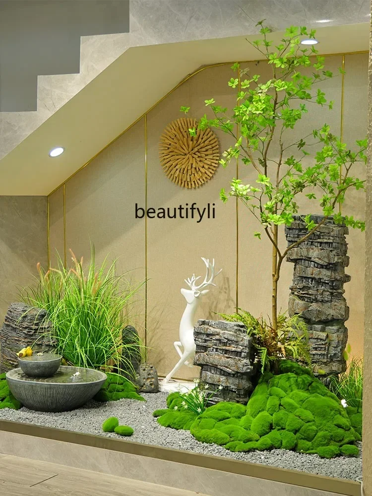 Flowing water under the stairs ornament landscape simulation green plant maple landscaping rockery stone decoration landing