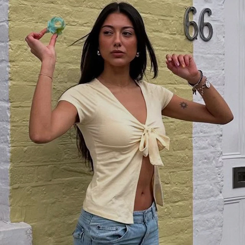 

Typhaland Sexy Lace Up Slit T shirt For Women Hollow Short Sleeve Cardigan Top Hot Girl Club Party Y2K T shirt Slim 2026 New