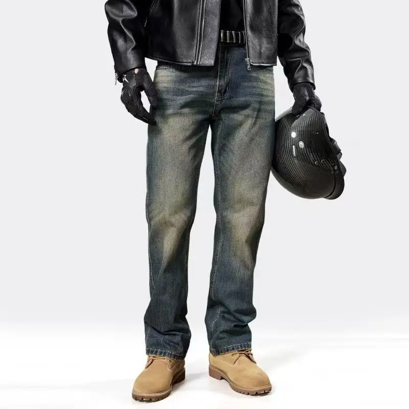 Элитные джинсы 2026 года: Оригинальные осенне-зимние новые свободные прямые джинсы для мужчин в стиле ретро, прочные, дизайнерские брюки высокого качества.