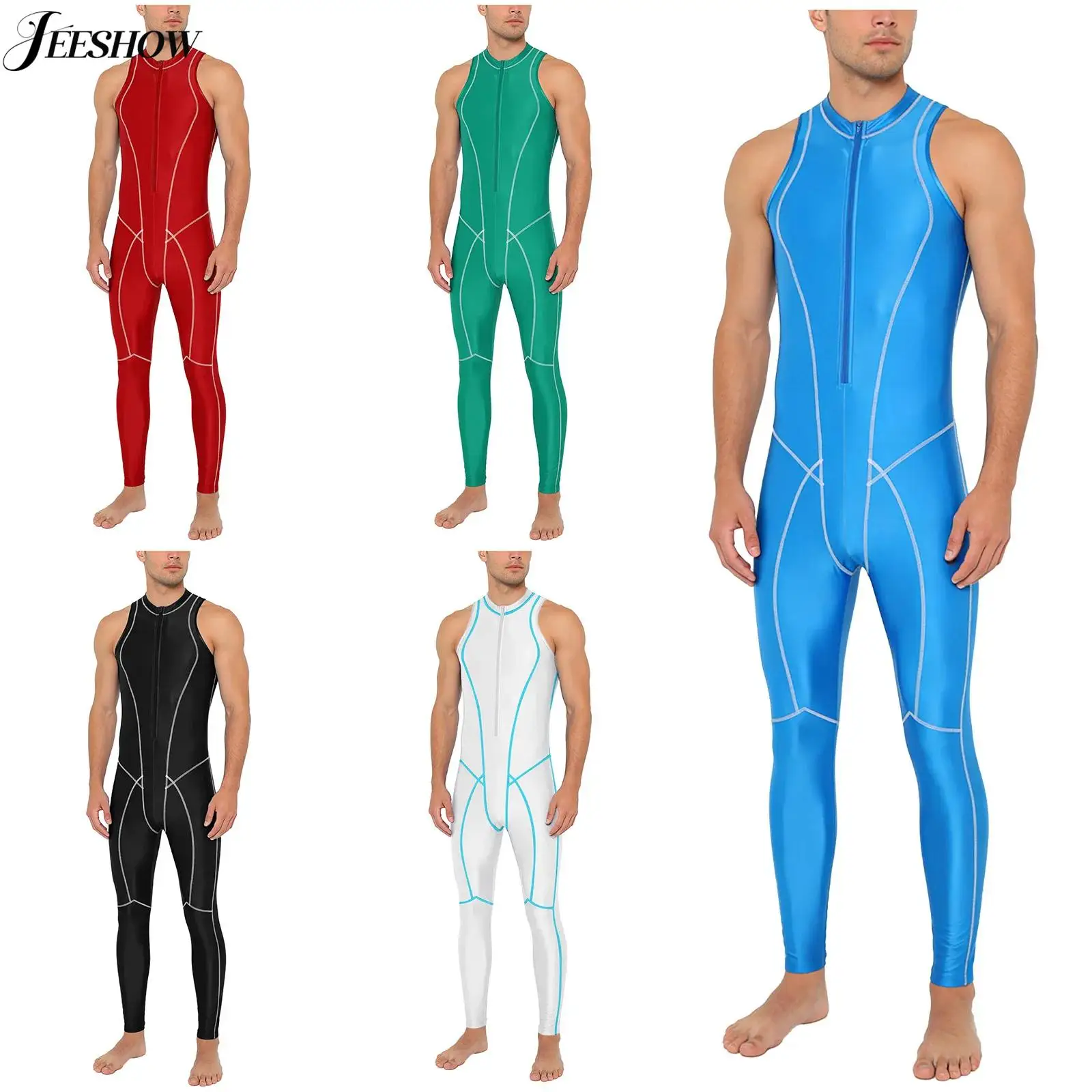 Mens One Piece Swimsuit Glossy Flat Seams Sleeveless Front Zipper Unitard Rash Guard Wetsuit Oil Shiny Bathing Suit for Surfing