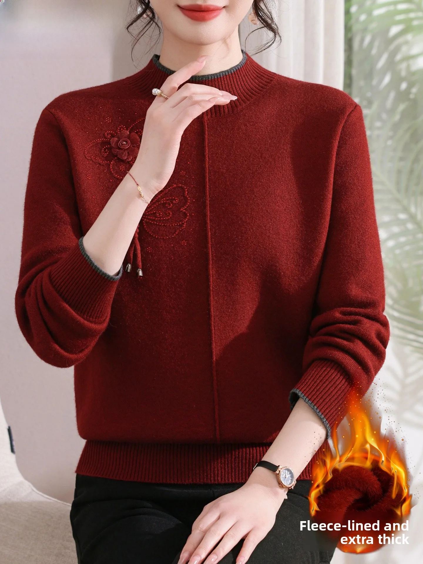 

Thiened Fce Women's Knitted Sweater Winter Faion Warm Loose Fit Mid-aged And ly One-piece Velvet Base irt