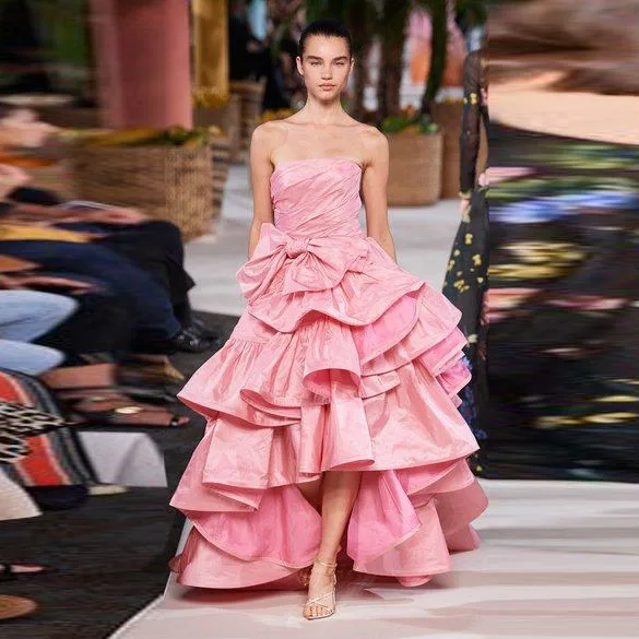 Vestido De fiesta De tarde escalonada rosa, moderno, sexi, con sin tirantes alto bajo, largo hasta el suelo, Formal