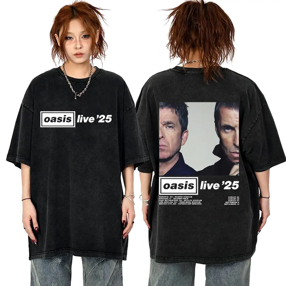 

Washed Vintage Rock Band O-Oasis Live 25 Tour T Shirt Men Women Fashion Oversized Tshirt Men's Summer Cotton T-shirts Streetwear