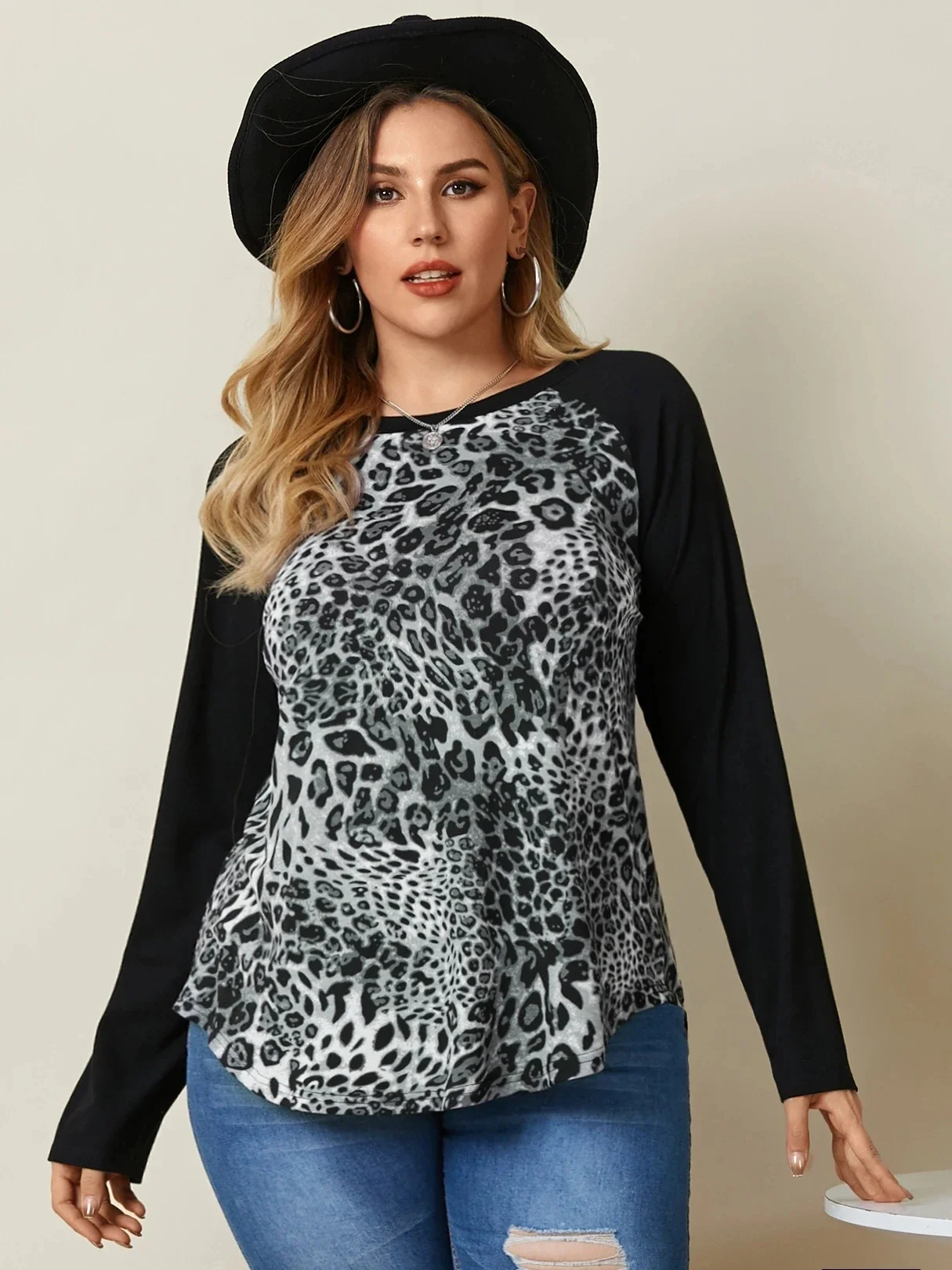 Plus Size Casual Leopard T-shirt Women Long Raglan Sleeve Color Blocked Spring Autumn Elegant Knitting Top Blouse 4XL 5XL 6XL 7X