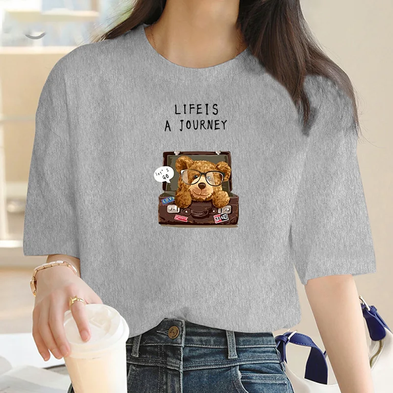 Women T-shirt Suitcase Bear cartoon T-shirt Harajuku Graphic T-shirt 90s Printed T-shirt Fashion aesthetic top T-shirt women