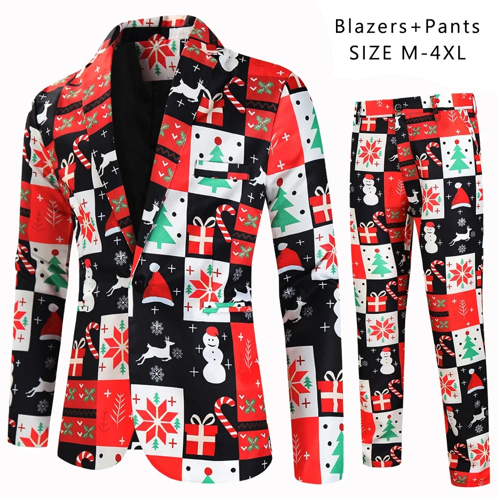 (Blazer + Pants ) Large Size Christmas Cartoon Print Costume Homme 2 Pieces Prom Stage Party Dress Up Slim Fit Men Suits Sets