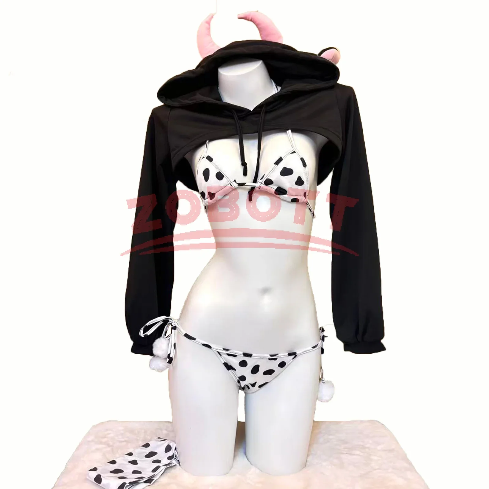 Anime Cow Cosplay Bikini Lingerie Set Women Cute Animal Style Costumes Hooded Crop Top Halloween Party Role Play Exotic Uniform