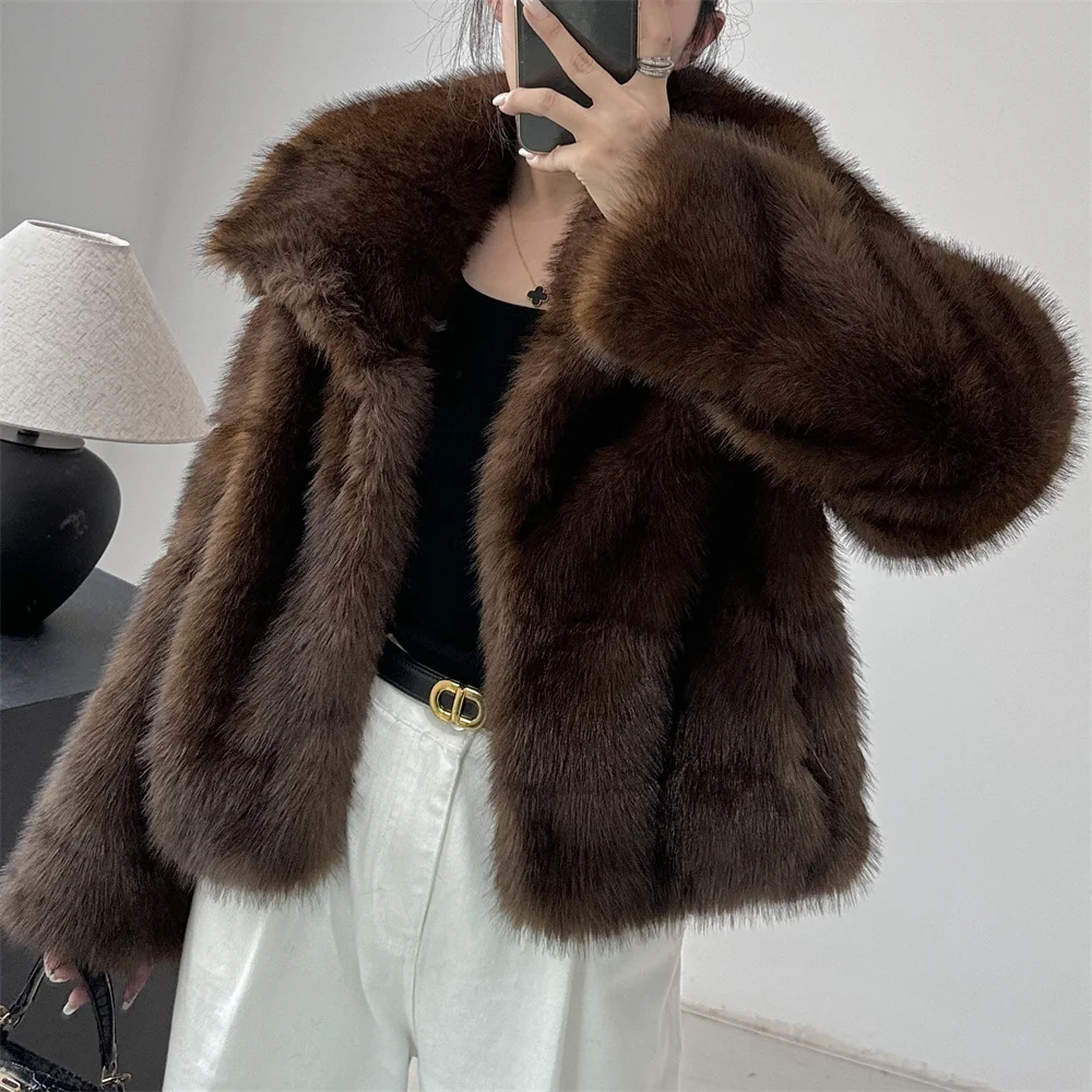 2024 Winter Female Loose Streetwear Outwears Brown Women Faux Sable Fur Jacket Oversized Lapel Long Sleeve Warm Fluffy Coats